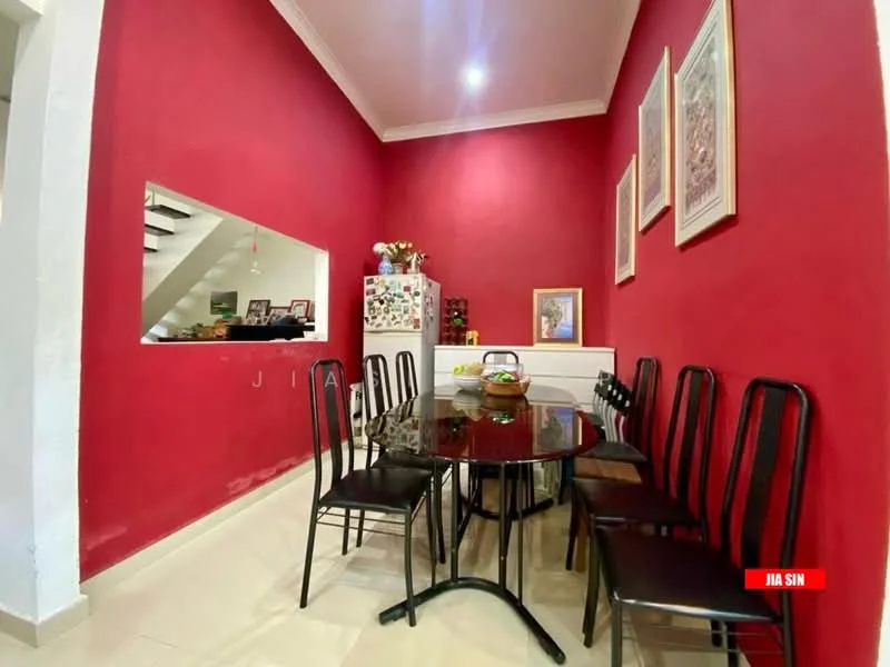 Dining features: red painted walls, white ceiling, dining table with glass top, 8 black metal dining chairs, framed artwork on walls, refrigerator, decorative bowl on table, tile flooring; style: modern.