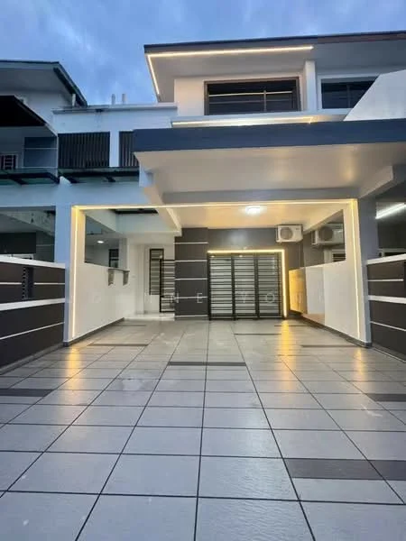 Exterior type: linked terrace house; features: tiled flooring, white painted facade, grey accent wall, sliding gate, 2 wall-mounted split AC units, outdoor lighting, covered porch, manicured landscaping; style: modern.