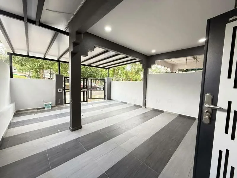 Exterior features: covered patio, grey and white tiled flooring, exposed beams, metal roof, open space, surrounded by greenery, glass sliding door, white painted walls; style: modern.