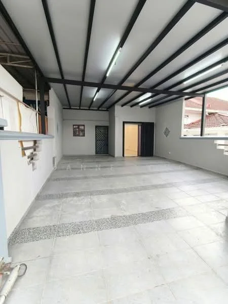 Room features: grey tiled flooring, white painted walls, exposed metal beams on ceiling, recessed lighting, large windows, double door entrance, decorative wall panels, open layout; style: modern.