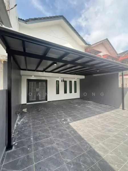 Exterior features: covered car porch, black tiled flooring, white painted walls, metal roof, modern design, multiple vertical windows, exposed beams, outdoor lighting; style: modern.