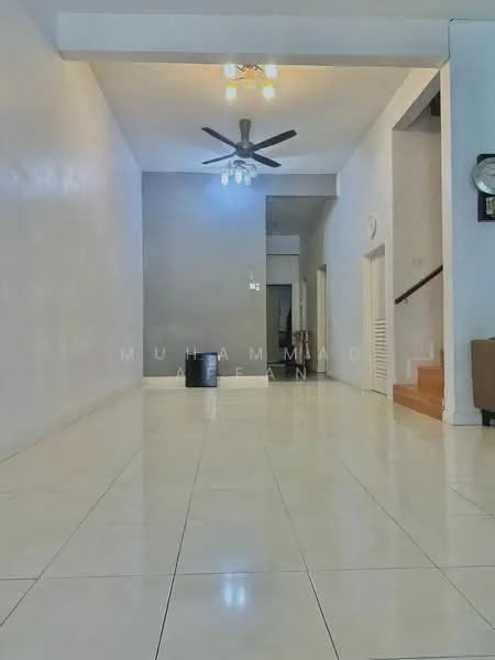 Living features: white painted walls, grey accent wall, polished ceramic tile flooring, 5-blade ceiling fan with light, recessed downlights, doorway leading to another room, clock on wall, open layout; style: modern.