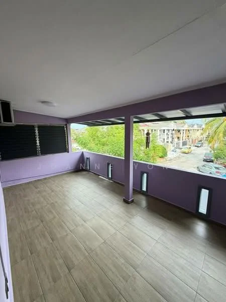 Room features: purple painted walls, tile flooring, ceiling lights, sliding glass door, window with black blinds, outdoor view of street, balcony railing, light fixtures on walls; style: modern; view: street.