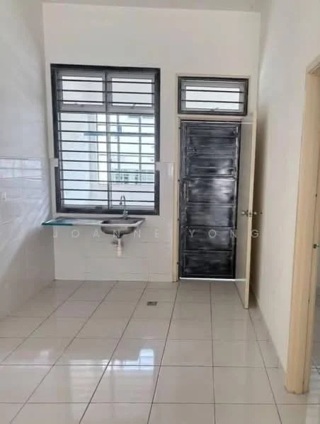 Room features: white painted walls, glazed ceramic tile flooring, single-bowl stainless-steel sink, window with horizontal metal grilles, door with metal frame, light switch, wall-mounted faucet, open space layout; style: modern.