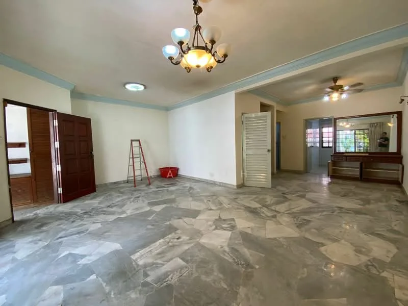 Living features: marble flooring, white painted walls, ceiling rose, chandelier, 5-blade ceiling fan, sliding glass door, window with sheer curtains, built-in cabinet, decorative mirror, door with wooden frame, ladder, natural light from windows; style: traditional.