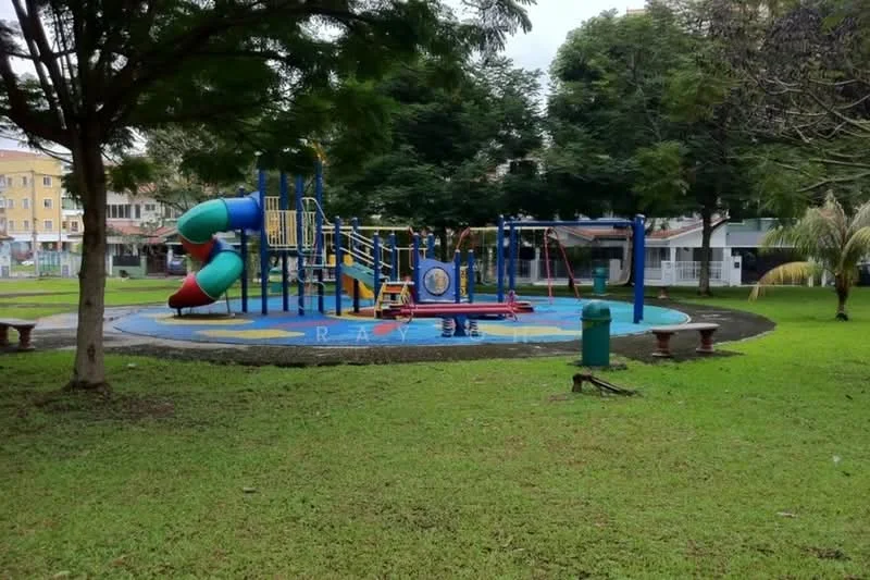 Exterior type: landscape garden; features: children's playground, swings, slide, climbing structure, rubberized flooring, manicured lawn, mature trees, surrounding greenery; style: modern.