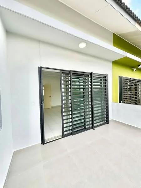 Room features: sliding glass door, black metal window grilles, white painted walls, green accent wall, tile flooring, recessed ceiling lights, outdoor terrace area, natural light from windows; style: modern.