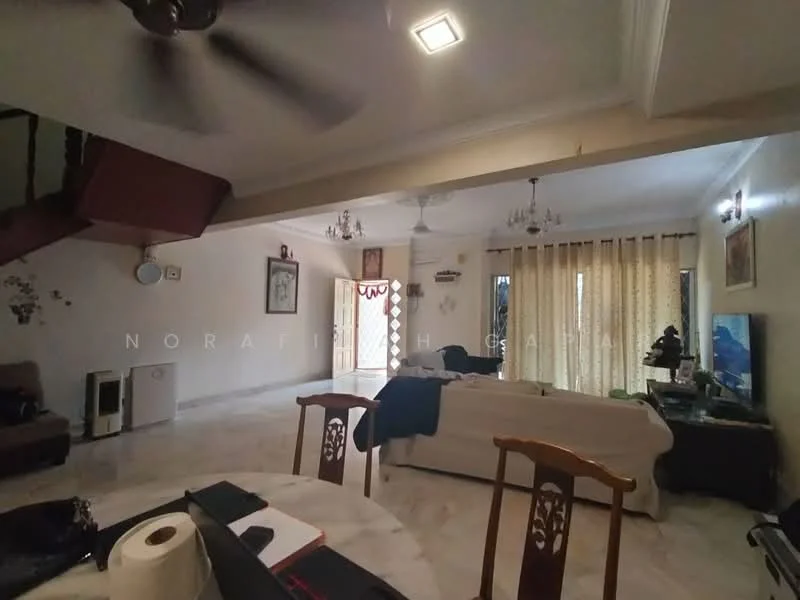 Living features: white painted walls, marble flooring, tray ceiling, 5-blade ceiling fan with light, chandelier, floor-to-ceiling windows with sheer curtains, sofa in cream fabric, coffee table, TV console, decorative wall art, area rug, dining table with wooden chairs, staircase with wooden railing; style: contemporary.