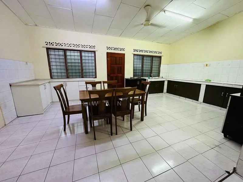 Kitchen features: white tiled flooring, cream painted walls, white cabinetry, dark wood lower cabinets, dining table with six wooden chairs, two large windows with grid pattern, single-bowl stainless-steel sink, kitchen countertop, ceiling fan, wall-mounted cabinets, tile backsplash, recessed lighting; style: modern.