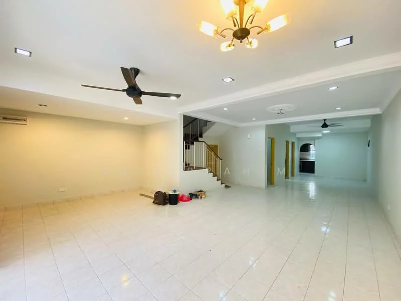 Living features: white painted walls, polished ceramic tile flooring, 5-blade ceiling fan with light, recessed downlights, chandelier, air conditioning unit, staircase leading to upper floor, open layout, decorative ceiling rose; style: modern.