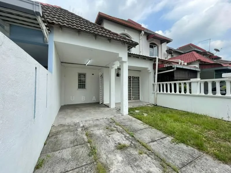 Exterior type: semi-detached house; features: white painted facade, red tiled roof, concrete driveway, manicured lawn, fenced perimeter, single-storey car porch, gravel landscaping, gated entrance; style: modern.