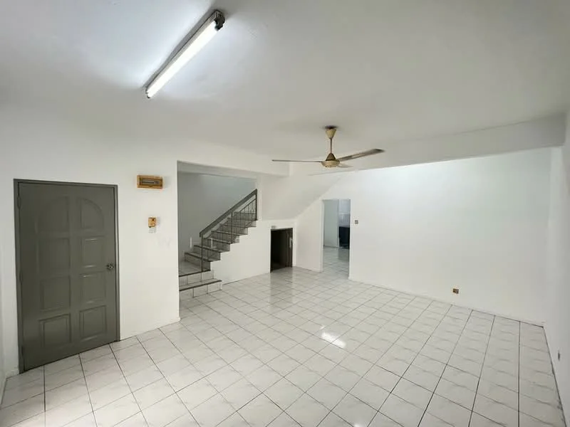 Living features: white painted walls, glossy white tile flooring, ceiling fan, recessed lighting, staircase leading to upper floor, doorway to another room, open layout, large windows for natural light; style: modern.