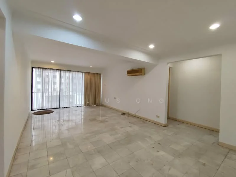 Living features: marble tile flooring, white painted walls, recessed downlights, floor-to-ceiling windows, sheer curtains, wall-mounted split AC, open layout, access to balcony; style: modern.