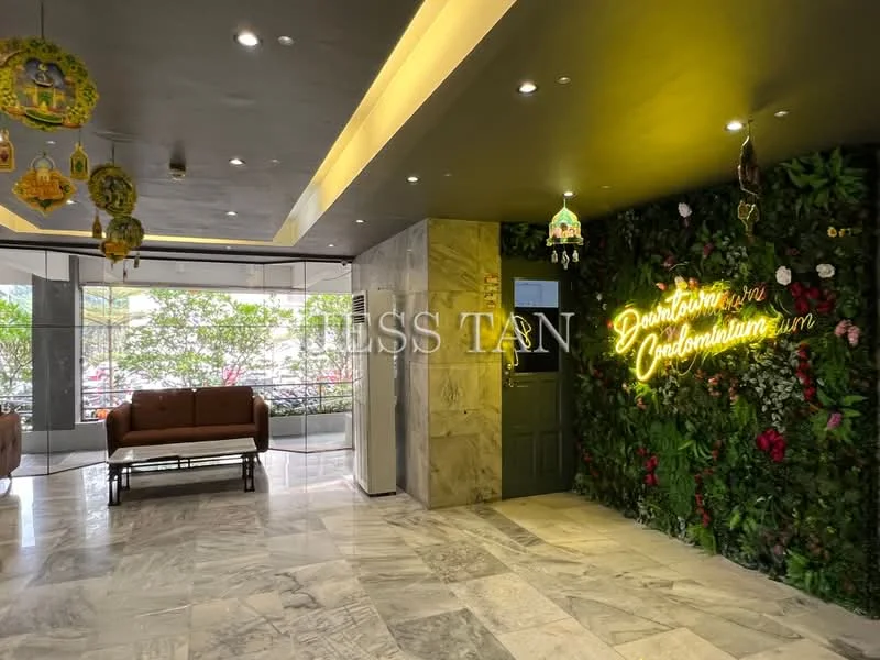 Room features: marble flooring, decorative wall with greenery, neon sign, sofa seating, large windows, recessed lighting, air conditioning unit, decorative ceiling, wall-mounted decor; style: modern; view: garden.