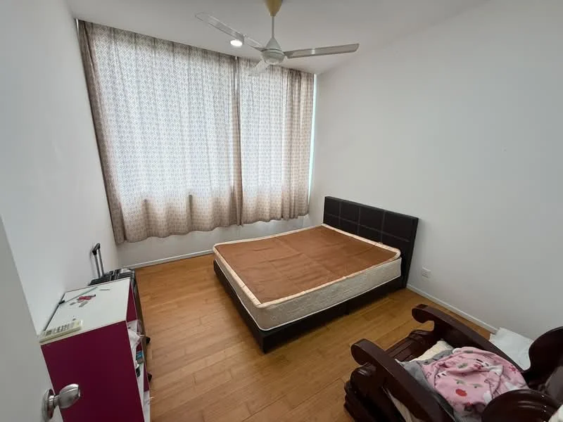 Bedroom features: queen-size bed, wooden flooring, floor-to-ceiling window, sheer curtains, 5-blade ceiling fan, wooden rocking chair, nightstand, blanket on bed; style: modern.