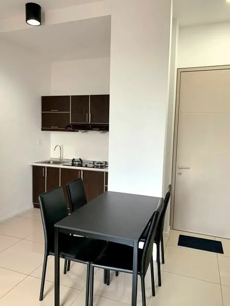 Dining features: black dining table, 4 black dining chairs, white painted walls, tile flooring, kitchenette with dark wood cabinets, stainless-steel sink, gas stove with 2 burners, white countertop, door leading to hallway, recessed ceiling light; style: modern.