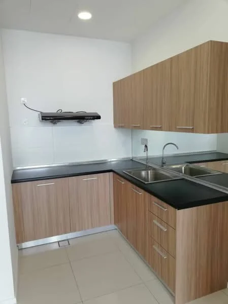 Kitchen features: laminate cabinetry in wood finish, black granite countertop, double-bowl stainless-steel sink, chrome pull-down faucet, built-in range hood, ceramic tile flooring, white tiled backsplash, under-cabinet lighting; style: modern.