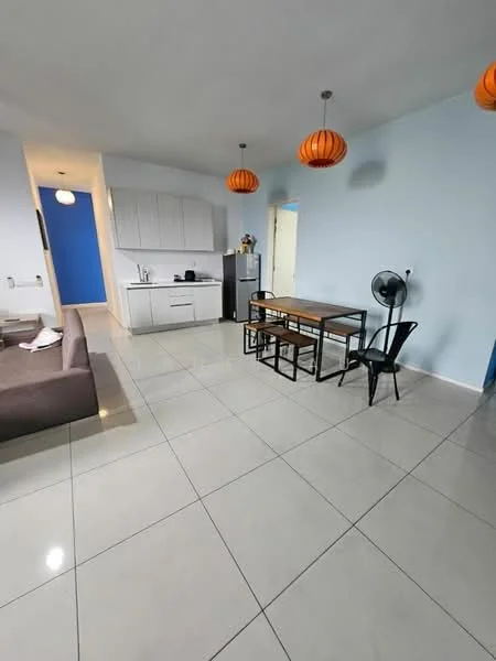 Living features: grey fabric sofa, wood dining table, black dining chairs, white kitchen cabinets, stainless-steel fridge, ceramic tile flooring, orange pendant lights, wall-mounted fan, blue accent wall, white walls; style: modern.