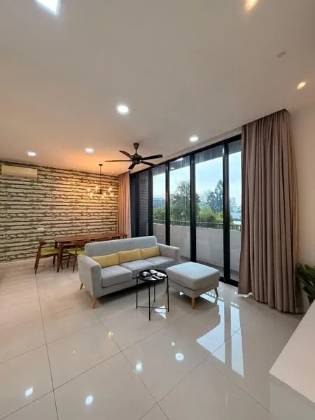 Living features: grey fabric 3-seater sofa, yellow accent cushion, white coffee table, black side table, floor-to-ceiling windows, sheer curtains, exposed brick accent wall, recessed downlights, ceiling fan with light, glossy white tile flooring, dining table for 4, decorative plants; style: modern; view: garden.