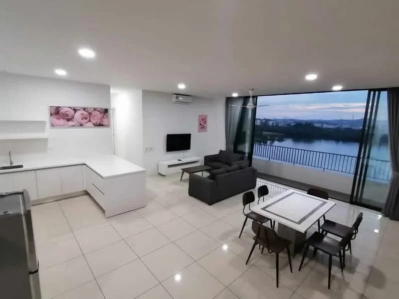 Living features: grey fabric sofa, white coffee table, wall-mounted TV, white TV console, floor-to-ceiling windows, sliding glass door, city view, recessed LED downlights, cream tiled flooring, air conditioning unit; style: modern; view: city. Kitchen features: white cabinetry, white countertop, stainless-steel fridge, built-in oven, ceramic cooktop, single-bowl stainless-steel sink, chrome pull-down faucet, open layout; style: modern. Dining features: 4-seater dining table, black dining chairs, white tabletop; style: modern.