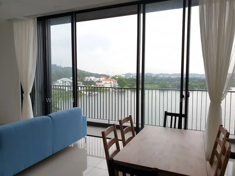 Dining features: dining table, wooden dining chairs, floor-to-ceiling windows, sheer curtains, lake view, white walls, glossy tile flooring, blue fabric sofa; style: modern; view: lake.