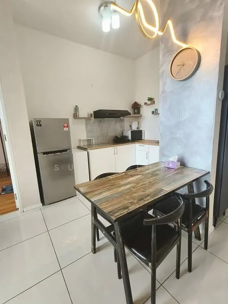 Kitchen features: stainless-steel fridge, black built-in oven, microwave, grey tiled backsplash, wooden dining table, black dining chairs, white cabinetry, grey countertop, pendant light fixture, clock on wall, white tiled flooring, open shelving; style: modern.