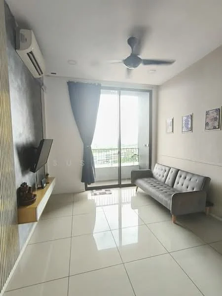 Living features: grey fabric 3-seater sofa, wall-mounted TV, light wood TV console, white painted walls, grey accent wall, large sliding glass door, floor-to-ceiling windows, blackout curtains, white tile flooring, 5-blade ceiling fan with light, decorative wall art, area rug; style: modern; view: city.