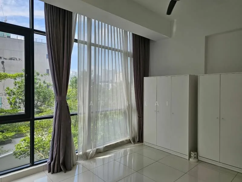 Room features: floor-to-ceiling windows, sheer curtains, grey curtains, white cabinetry, glossy tile flooring, high ceiling, natural light, greenery view; style: modern; view: garden.
