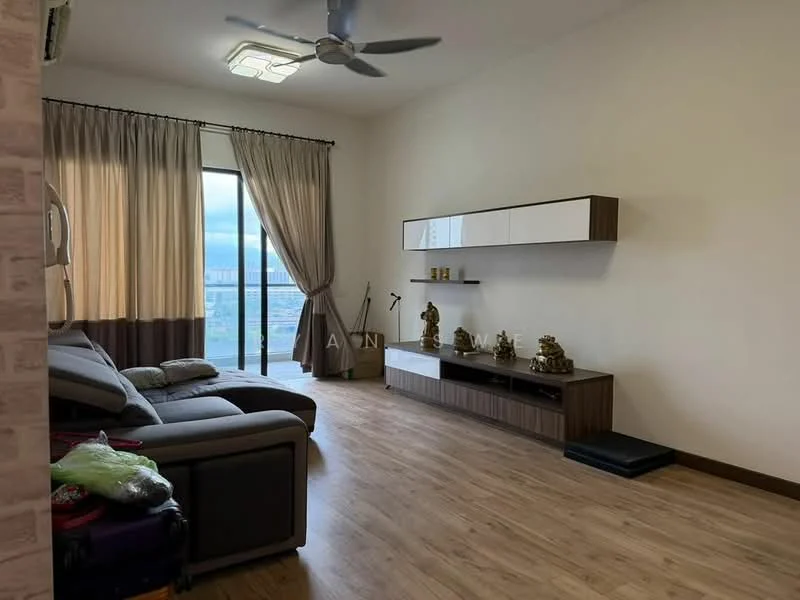 Living features: grey fabric sofa, wooden TV console, white wall-mounted shelving, large floor-to-ceiling window, curtains in beige and brown, wooden flooring, ceiling fan with light, decorative figurines on console, black floor mat, decorative items on shelves; style: modern; view: city.