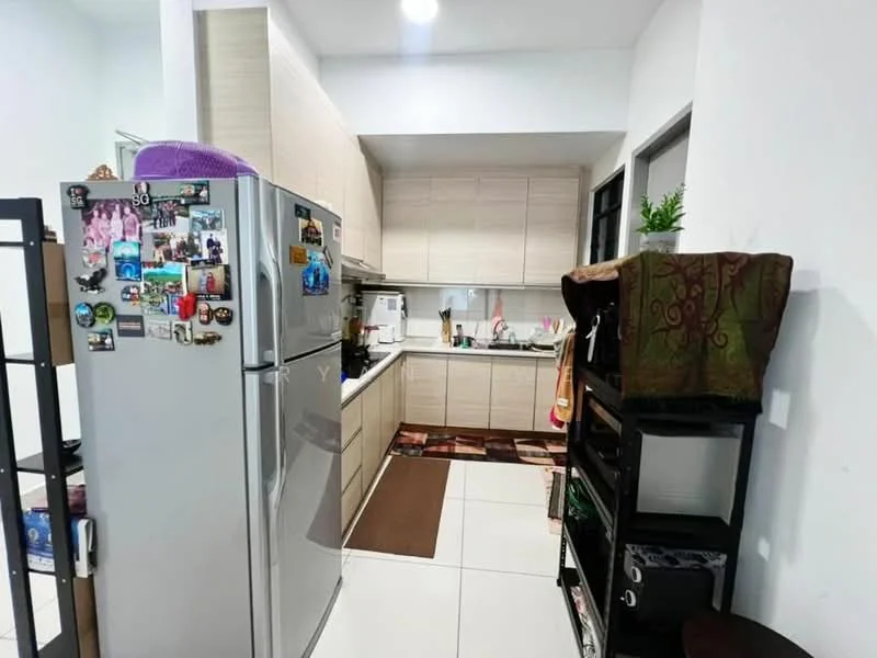 Kitchen features: stainless-steel fridge, light wood cabinetry, white countertop, ceramic tile flooring, built-in oven, microwave, kitchen sink, wall-mounted shelves, decorative items on shelves, area rug, recessed lighting; style: modern.