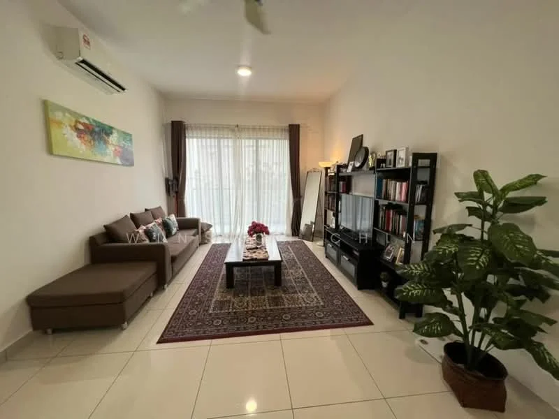 Living features: 3-seater fabric sofa in brown, L-shape sectional sofa, coffee table, TV console, wall-mounted TV, area rug with geometric pattern, floor-to-ceiling windows, sheer curtains, 1 wall-mounted split AC, decorative mirror, houseplants in ceramic pots, light-colored walls, recessed downlights, tile flooring; style: modern.