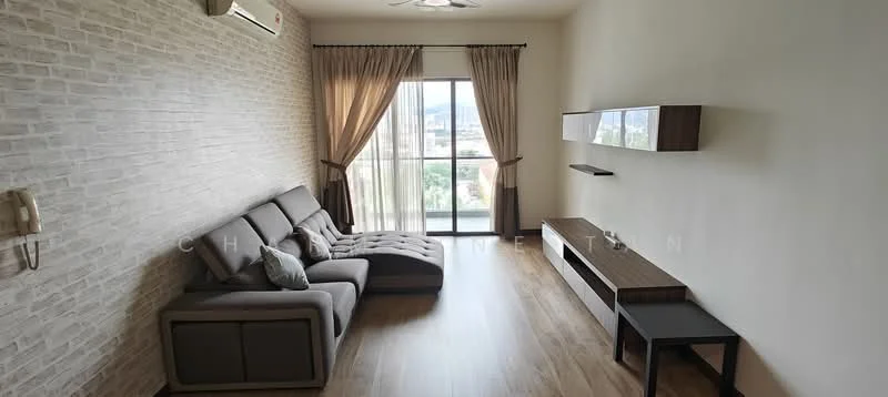 Living features: L-shape sectional sofa in grey, wooden flooring, exposed brick accent wall, floor-to-ceiling windows, sheer curtains, TV console, wall-mounted shelf, ceiling light fixture, air conditioning unit; style: modern; view: city.