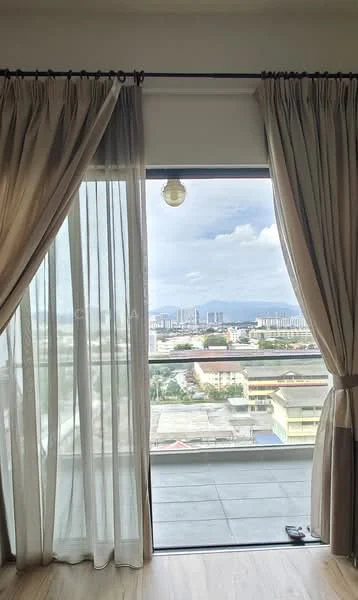 Room features: floor-to-ceiling windows, sheer curtains, heavy drapes, wooden flooring, city skyline view, sliding glass door, balcony access; style: modern; view: city.