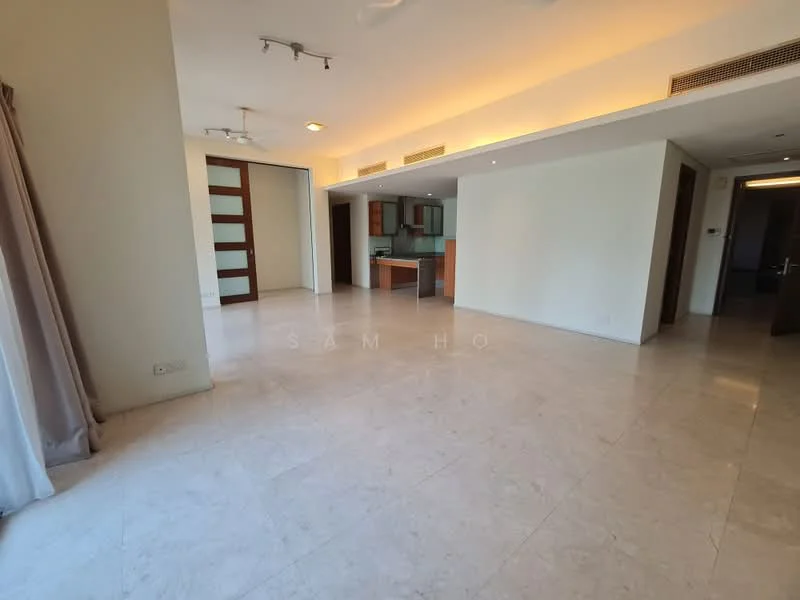 Living features: marble tile flooring, white painted walls, recessed downlights, floor-to-ceiling windows, sliding glass door, curtains, open layout, kitchen area visible; style: modern.