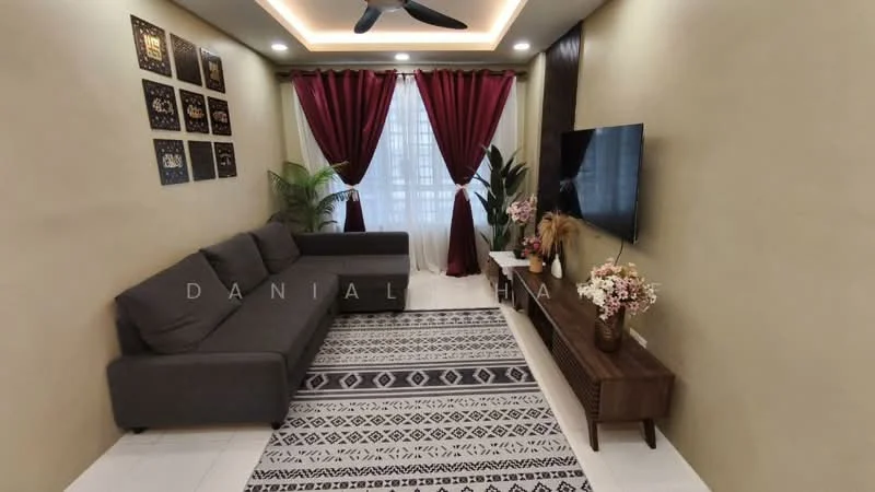 Living features: 3-seater fabric sofa in grey, area rug with geometric pattern, wall-mounted TV, wooden TV console, floor-to-ceiling windows, sheer curtains, dark wood accent wall, recessed downlights, ceiling fan, decorative wall art, potted plants, decorative flowers in vase; style: modern.