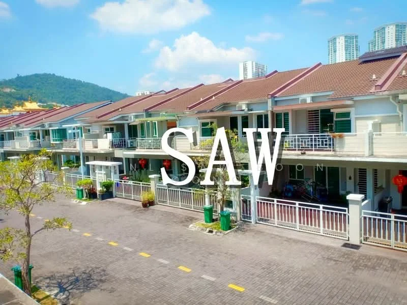 Exterior type: linked terrace house; features: two-storey linked terrace houses, brown tiled roof, cream painted facade, front porch with railing, manicured landscaping, paved driveway, visible street with parking, surrounded by greenery, urban setting, mountain view in background; style: modern.