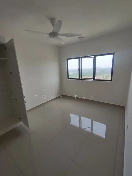 Room features: white painted walls, glossy ceramic tile flooring, 5-blade ceiling fan with light, floor-to-ceiling windows, built-in wardrobe, mountain view; style: modern; view: mountain.