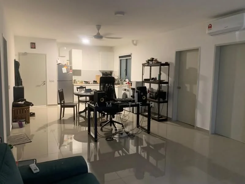 Living features: glossy tile flooring, white painted walls, recessed downlights, wall-mounted split AC, black dining table with chairs, open kitchen area, kitchen cabinets, kitchen countertop, shelves with items, door leading to another room, door leading to bathroom, green sofa; style: modern.