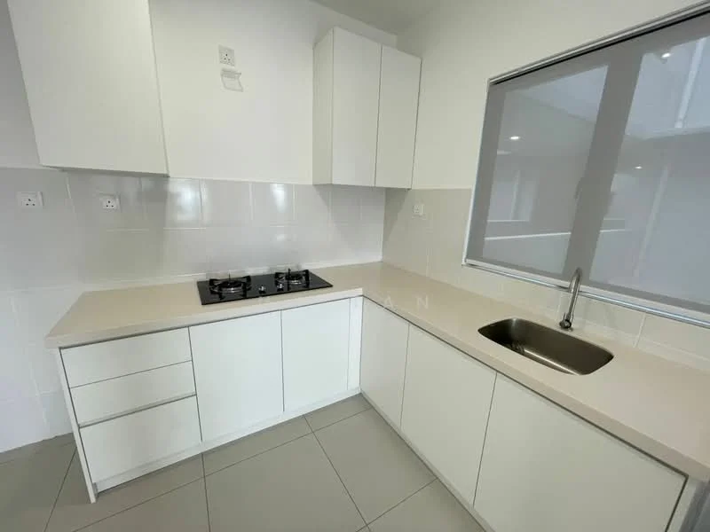 Kitchen features: white cabinetry, laminate countertop, single-bowl stainless-steel sink, chrome pull-down faucet, built-in gas hob, white tiled backsplash, grey tile flooring, window with view to outside; style: modern.
