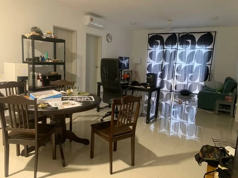 Living features: white painted walls, glossy tile flooring, 5-blade ceiling fan, floor-to-ceiling windows with black patterned curtains, black desk with computer setup, green sofa, wooden dining table with four chairs, open shelving unit, air conditioning unit on wall; style: modern.