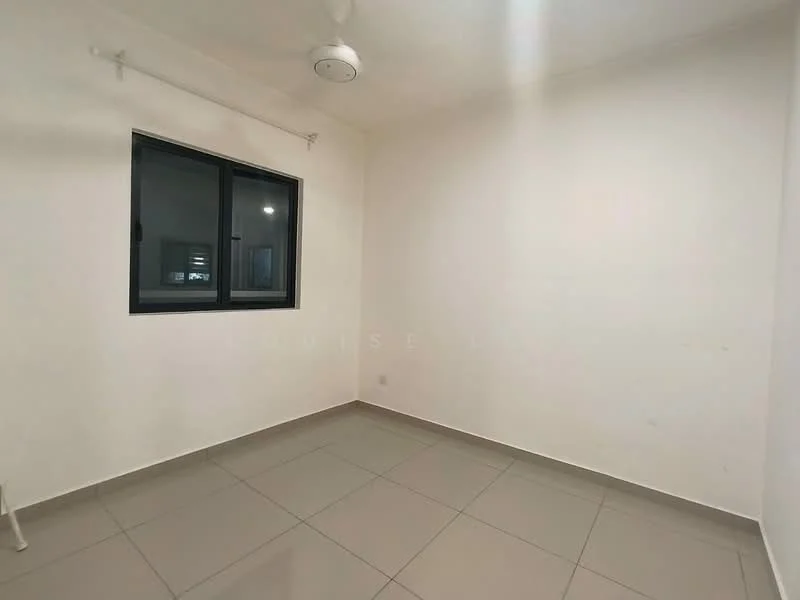 Room features: white painted walls, grey tiled flooring, black framed window, ceiling fan.