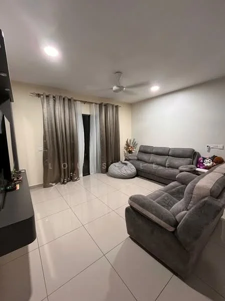 Living features: grey fabric sectional sofa, 2-seater recliner sofa, bean bag chair, wall-mounted TV, TV console, white painted walls, cream tiled flooring, ceiling fan with light, floor-to-ceiling curtains, decorative plants, recessed lighting; style: modern.