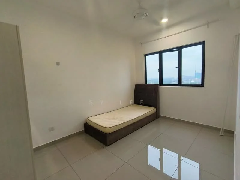 Bedroom features: white painted walls, grey tiled flooring, single bed frame, window with black frame, ceiling fan, unfurnished, natural light from window; style: modern; view: city.