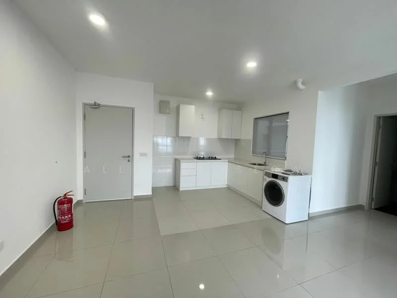 Kitchen features: white cabinetry, stainless-steel sink, 4-burner gas hob, built-in oven, white tiled backsplash, washing machine, grey tiled flooring, recessed LED downlights, window with natural light, fire extinguisher, open layout; style: modern.