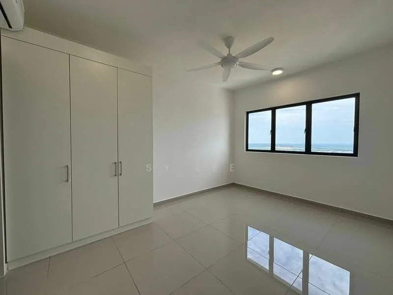 Bedroom features: white painted walls, grey tiled flooring, 5-blade ceiling fan with light, floor-to-ceiling windows, built-in wardrobe with sliding doors, ocean view; style: modern; view: sea.