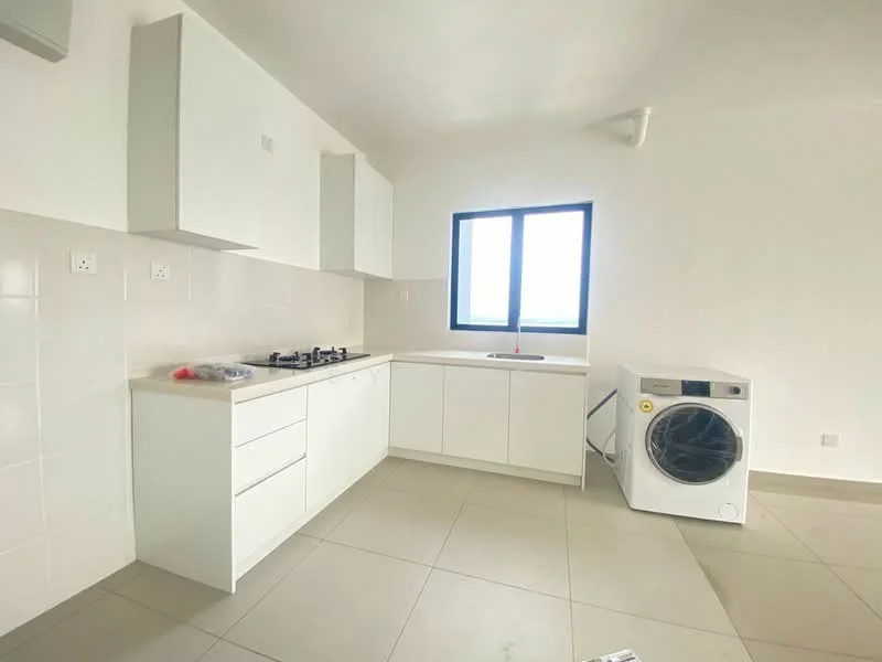 Kitchen features: white cabinetry, marble countertop, built-in gas hob, single-bowl stainless-steel sink, chrome pull-down faucet, white walls, tile flooring, window with grid design, washing machine; style: modern.