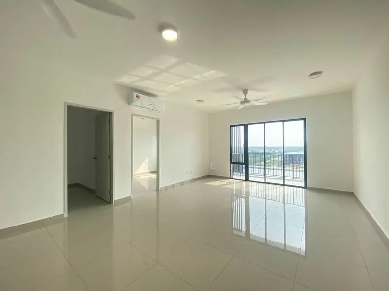 Living features: large floor-to-ceiling sliding glass door, 2-blade ceiling fan, white painted walls, glossy ceramic tile flooring, recessed downlights, air conditioning unit, mirror wardrobe, natural light from windows, view of the outdoors; style: modern; view: city. Room features: white painted walls, glossy ceramic tile flooring, doorway leading to another room.