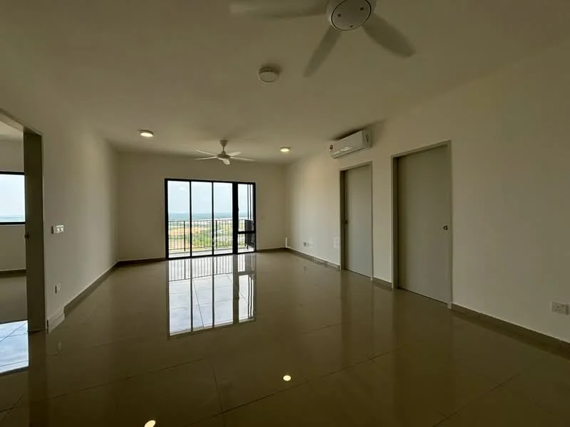 Living features: white painted walls, polished ceramic tile flooring, 5-blade ceiling fan with light, wall-mounted split AC, floor-to-ceiling windows, sliding glass door, balcony access, recessed downlights; style: modern; view: city.