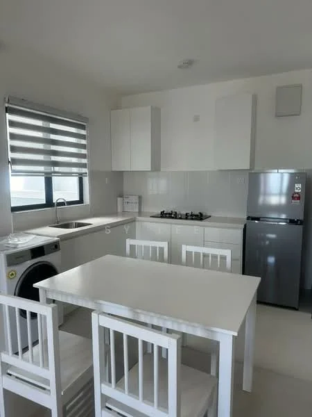 Kitchen features: white cabinetry, stainless-steel sink, chrome pull-down faucet, gas cooktop, built-in oven, white countertop, white tiled backsplash, refrigerator, washing machine, window with blinds, dining table with four chairs, light-colored flooring, recessed downlights, ventilation unit; style: modern.