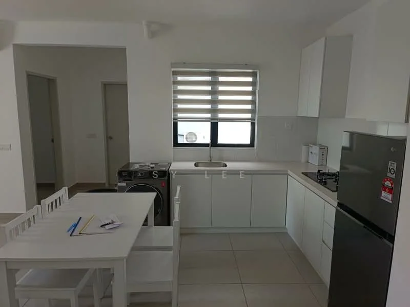 Kitchen features: white cabinetry, stainless-steel sink, chrome pull-down faucet, built-in gas hob, stainless-steel fridge, washing machine, white countertop, tile flooring, window with blinds, dining table with four chairs, light fixture, open layout; style: modern.
